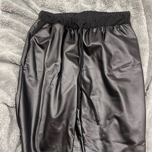 Black leather joggers